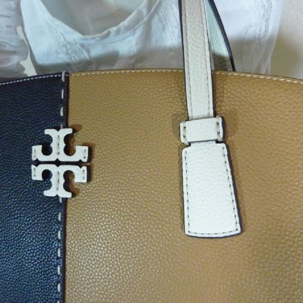 NEW Tory Burch McGraw Tiramisu Tan/Black Color Block Large Leather Tote Bag - Picture 13 of 14